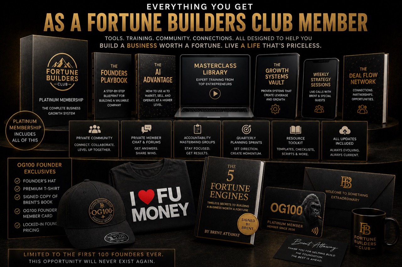 Fortune Builders Club Platinum membership package including tools, training, community, founder hat, book, shirt, and member card